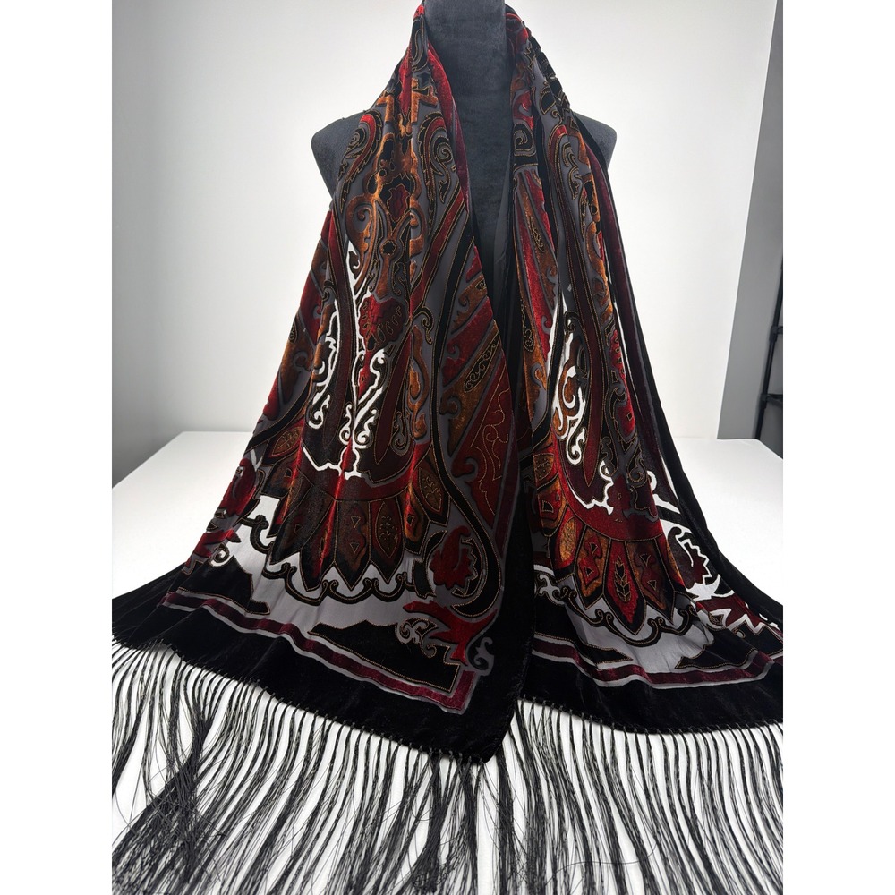 Feliciani Scarf Paisley Silk Blend Burnout Velvet Fringe Goth Witchy Dark